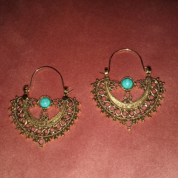 Bronze Turquoise Filigree Hoop Earrings Bohemian Gold Lace Boho Huggie Hoops - Picture 2 of 4